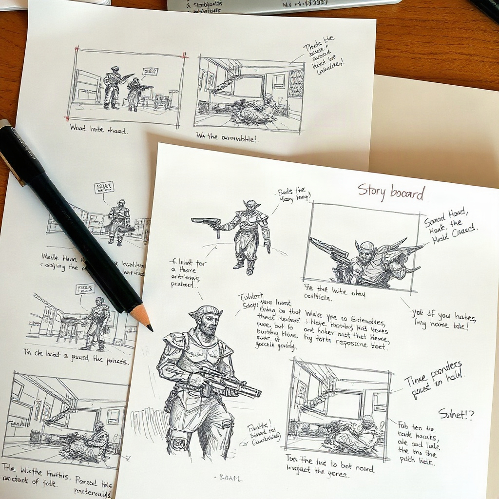 Storyboard sheets drawn by hand with shot notes